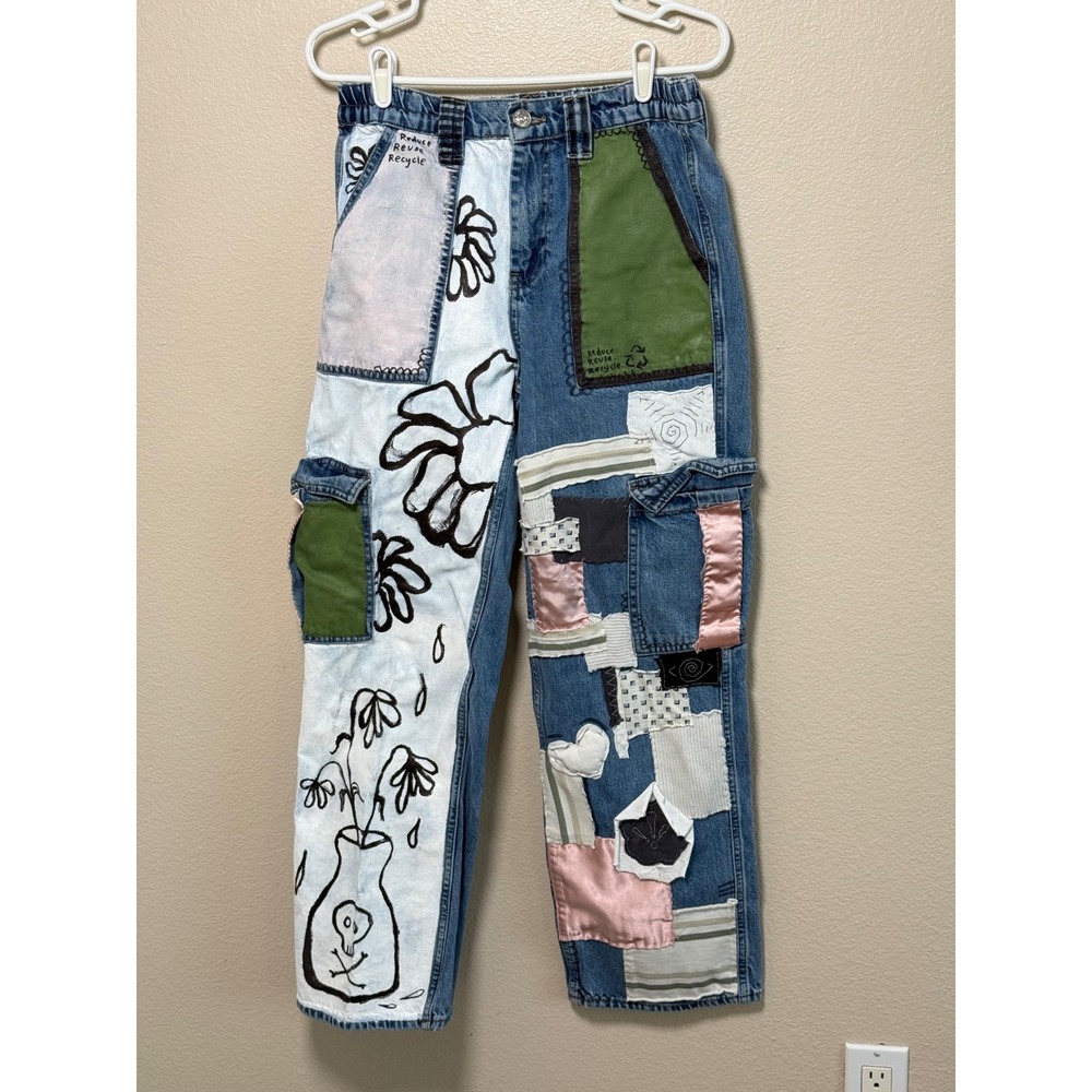 BDG Skate Upcycled Patchwork Cargo Jeans Hand Painted Floral Skull Blue Denim